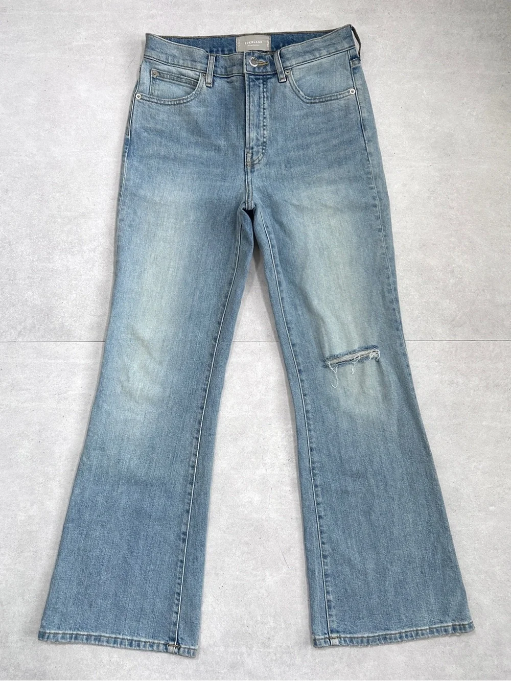 Everlane The High-Rise Flare Jeans Light Wash Distressed Knee Size 27
